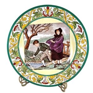 Antique Wedgwood Month Plate "March" Man Woman Vibrant Green Rim Etruria 1878